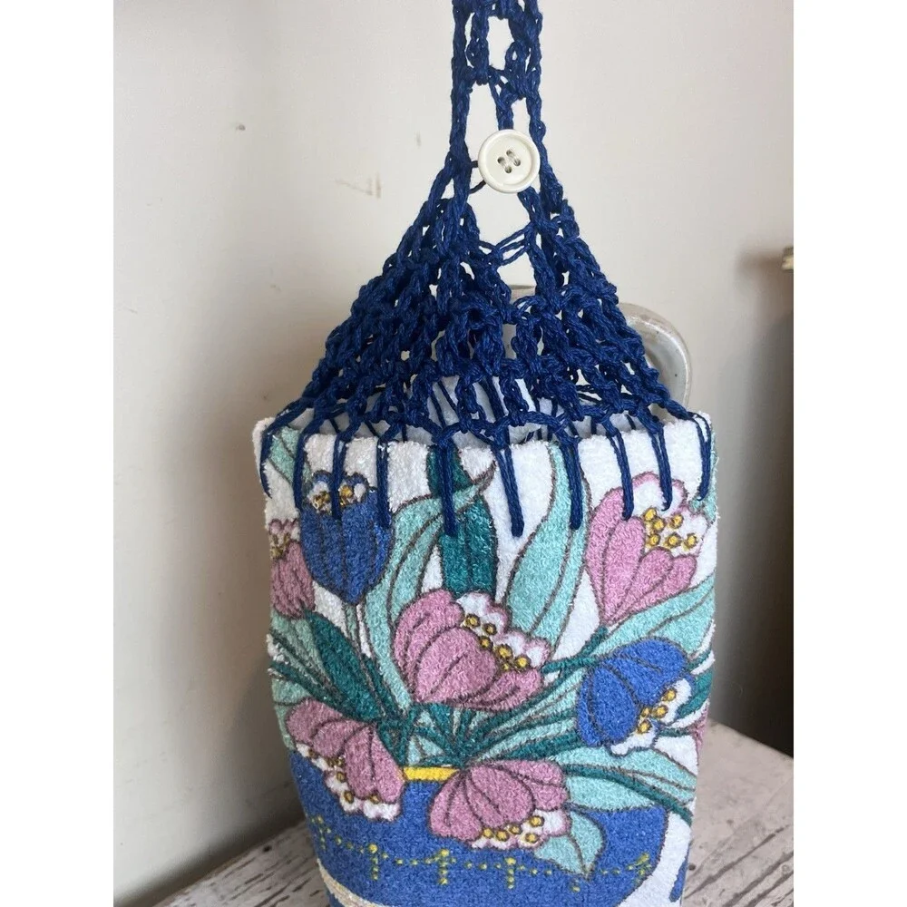 Vintage Crocheted Top Terrycloth Kitchen Hand Towel Florals Blues Pinks Retro
